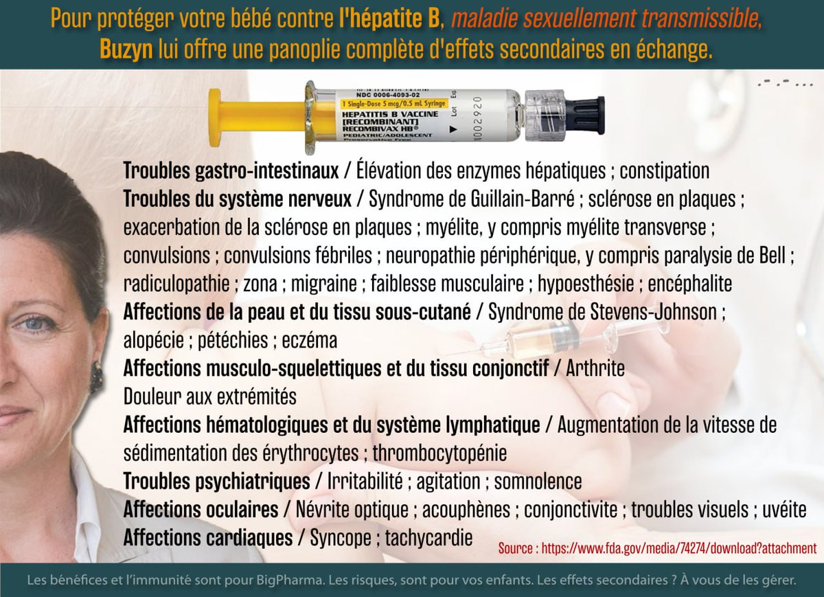 raymond28677463's tweet photo. Pour protéger votre bébé contre l’hépatite B, maladie sexuellement transmissible, #Buzyn lui offre en échange une panoplie complète d’effets secondaires grâce au #vaccin.
https://t.co/UOO47tDn9a https://t.co/qu0BwPsg16