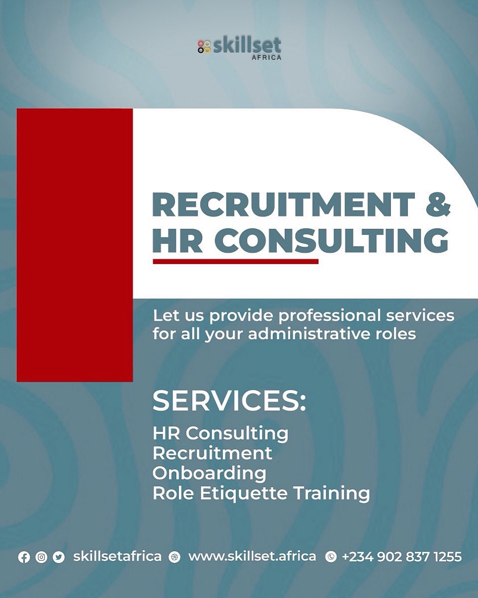 skillsetafrica's tweet photo. Focus on your operations and let’s help you with HR Consulting and Recruitment for your brand. Build the right systems to enhance productivity. #HumanResources #people #HRconsulting #Abuja https://t.co/lTE2WwYiDN