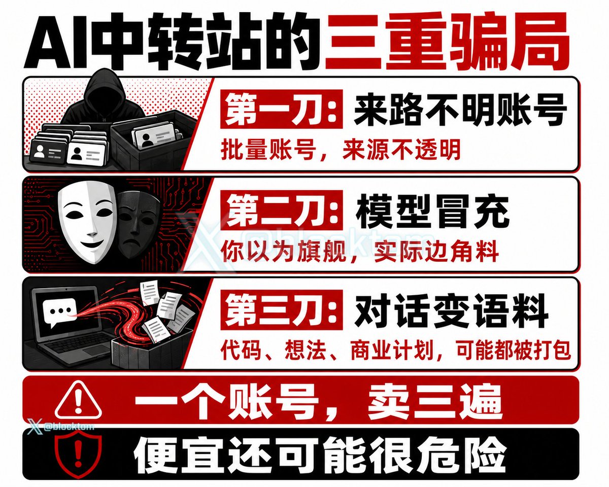 blocktom's tweet photo. 低价 AI 中转站，最可怕的不是便宜，是你根本不知道自己在用什么。

① 第一刀：账号来源不透明
各种批量账号，被包装成“稳定 API”。

② 第二刀：模型可能冒充
你以为在用旗舰模型，实际可能只是边角料。

③ 第三刀：对话变语料
你的代码、想法、商业计划，都可能被打包成别人的训练数据。

一个账号，卖三遍。
中间商赚的差价，差的不只是钱。