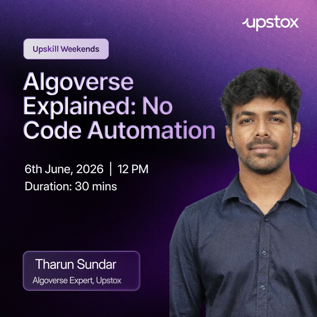 upstox's tweet photo. Most traders have ideas.
Very few know how to turn them into automated strategies.

This Saturday at 12 PM, join #UpskillWeekends with Tharun Sundar and discover how Algoverse helps you build, backtest, and automate trading strategies without writing a single line of code.

30-minute session.

Join here 👇 
https://t.co/asRISePGcE