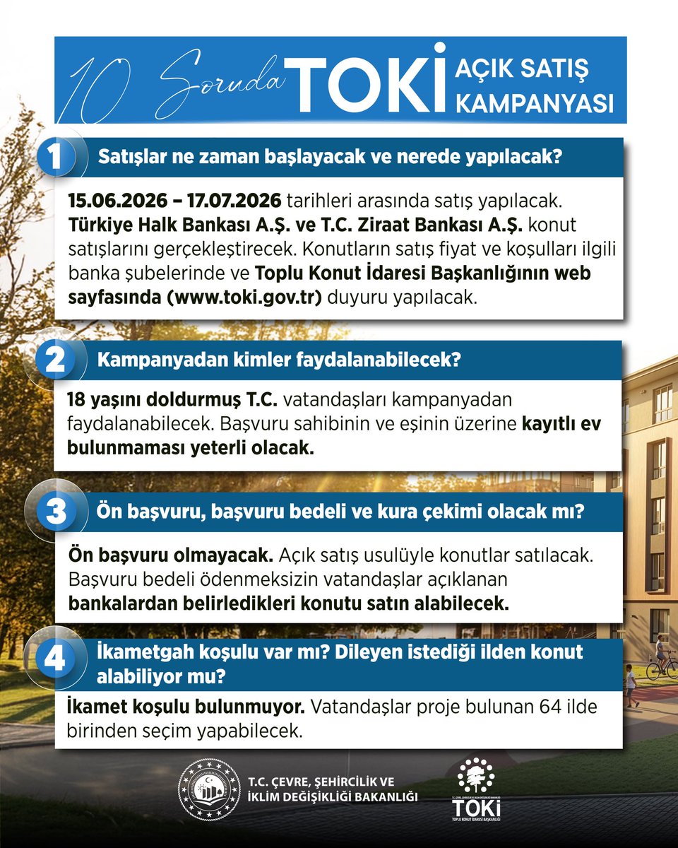 murat_kurum's tweet photo. Cumhurbaşkanımız Sayın @RTErdogan liderliğinde milletimizi ev sahibi yapmaya devam ediyoruz. 

64 ilde 20 bine yakın orta gelirli ailemizi yuva sahibi yapacak yeni TOKİ açık satış kampanyamızla ilgili merak edilenleri yanıtladık. ⬇️

@Toki_Kurumsal https://t.co/bplXH3ITNr