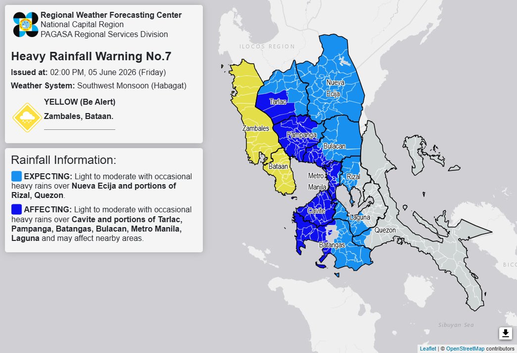 dost_pagasa's tweet photo. Heavy Rainfall Warning No. 7 #NCR_PRSD
Weather System: Southwest Monsoon (Habagat)
Issued at: 2:00 PM, 05 June 2026(Friday)

YELLOW WARNING LEVEL: Zambales and Bataan.
ASSOCIATED HAZARD: Possible FLOODING in flood-prone areas.
Meanwhile, expect light to moderate with occasional heavy rains over Nueva Ecija, Rizal(Rodriguez, San Mateo, Antipolo, Taytay, Cainta, Angono, Binangonan, Teresa, Morong, Baras, Cardona) and Quezon(San Antonio, Tiaong, Dolores) within the next 3 hours.
Light to moderate with occasional heavy rains affecting Cavite, Tarlac(Bamban, Capas, San Jose), Pampanga(Porac, Angeles, Floridablanca, Mabalacat, Sasmuan, Macabebe, Masantol, Lubao, Guagua, Santa Rita, Minalin, Bacolor, San Fernando, Mexico, Santo Tomas, Apalit, San Simon, Magalang, Arayat, Santa Ana, San Luis), Batangas(Agoncillo, Balayan, Bauan, Calaca, Calatagan, Laurel, Lemery, Lian, Mabini, Nasugbu, San Luis, San Nicolas, Santa Teresita, Taal, Talisay, Tingloy, Tuy), Bulacan(Hagonoy, Paombong, Malolos, Bulakan, Meycauayan, Marilao, Obando, Calumpit, Pulilan, Plaridel, Guiguinto, Bocaue, Balagtas), Metro Manila(Navotas, Valenzuela, Malabon, Caloocan, Quezon City, Manila, Makati, Las Pinas, Paranaque, Pasay, Mandaluyong, San Juan, Taguig, Muntinlupa) and Laguna(San Pedro) which may persist within 3 hours and may affect nearby areas.

The public and the Disaster Risk Reduction and Management Offices concerned are advised to MONITOR the weather condition and watch for the next warning to be issued at 5:00 PM today.
For more information and queries, please call telephone numbers 8927-1335 and 8927-2877 or log on to https://t.co/59mTpZJq1n.