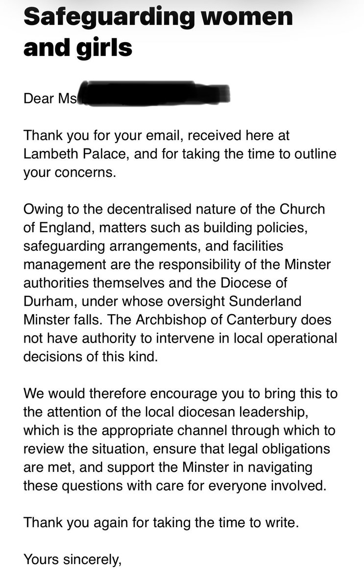 PamDenic's tweet photo. @Gaynotqueer1 I wrote to the Archbishop of Canterbury. I received a timely response. Do you notice a similarity in the language of my concerns and Sunderland Minster’s response? https://t.co/04vTptQqEF