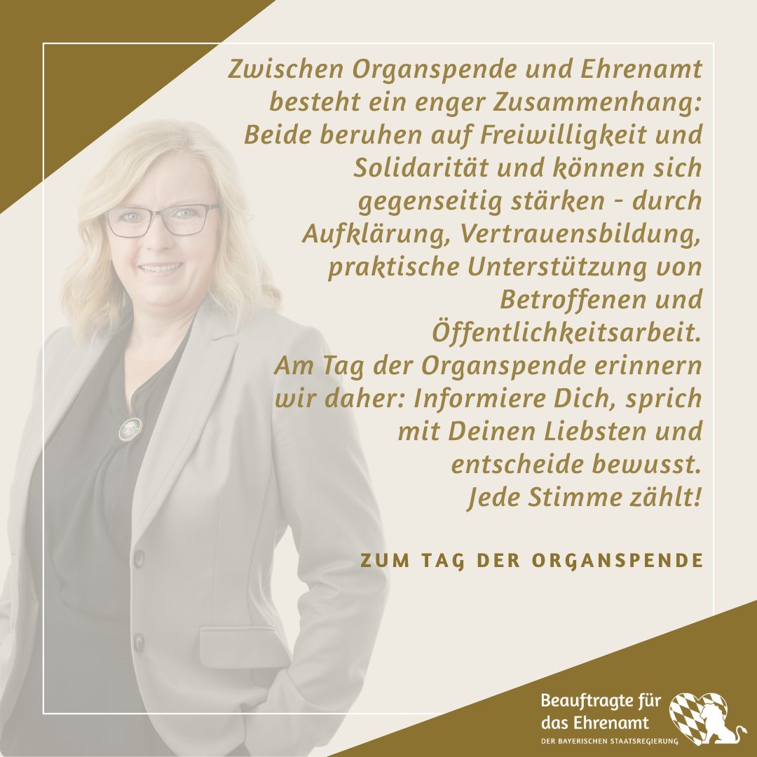 BayernEhrenamt's tweet photo. Am Tag der Organspende am 6. Juni 2026 äußert sich der Bayr. Patienten- und Pflegebeauftragte, Thomas Zöller MdL, mit mir gemeinsam. #TagDerOrganspende #Organspende #LebenRetten #organspendeausweis #DeineEntscheidung #DeutschlandEntscheidetSich
@GabiSchmidtMdL https://t.co/5E85m9VrCO