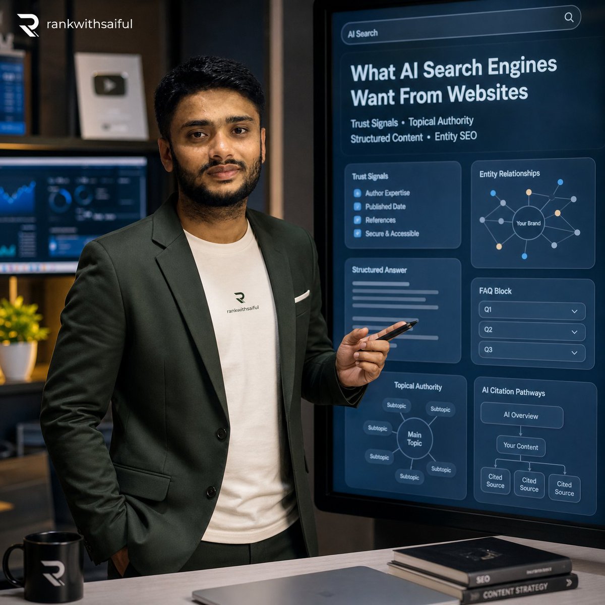 MarketerRiyad's tweet photo. AI search engines don't just rank websites
They choose sources they can understand and trust.
Winning signals today:
• Clear answers
• Topical authority
• Strong FAQs
• Entity
• Trust
• Real expertise
The goal is shifting from "ranking pages" to "becoming the best answer." https://t.co/ia4EDlcoa1