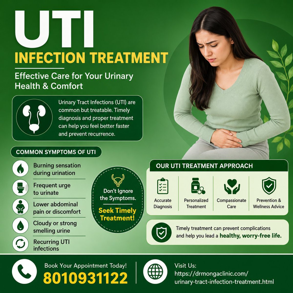 SDrmonga's tweet photo. UTI Infection Treatment | Dr. Monga Medi Clinic

बार-बार पेशाब आना, पेशाब करते समय जलन, दर्द या असुविधा महसूस होना Urinary Tract Infection (UTI) के सामान्य लक्षण हो सकते हैं। समय पर पहचान और उचित उपचार संक्रमण को बढ़ने से रोकने में मदद कर सकता है। https://t.co/NKYITk2OYV