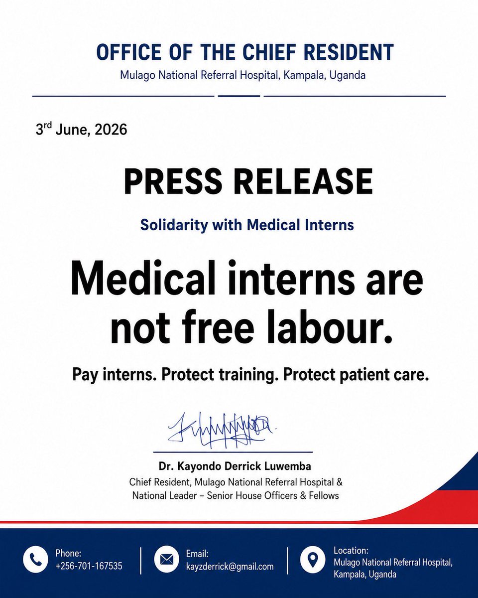DerickKayondo's tweet photo. On this day we wake up to demand for the obvious;
1. Revoke the new National Education and Training for Health Policy
2. Internship is not part of undergraduate training
3. #PayAllMedicalInterns
4. #internsnotSlaves
@CHRISBARYOMUNS1 @MinofHealthUG 
@TheUMAofficial 
@FUMI20232024 https://t.co/r1pQZcMDgM