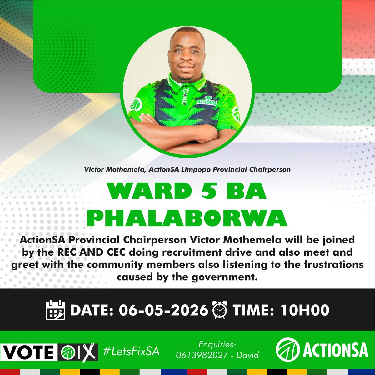 VictorMothemela's tweet photo. Phalaborwa we are coming tomorrow 🇿🇦💚
Ba-Phalaborwa Ward 5!

​We are here to listen to your frustrations, understand your challenges, and work together to bring real change to our community. Come make your voice heard!
@Action4SA
@ActionSA_LP 
@HermanMashaba 
@tonicmanchidi https://t.co/A4ucUGoWgv