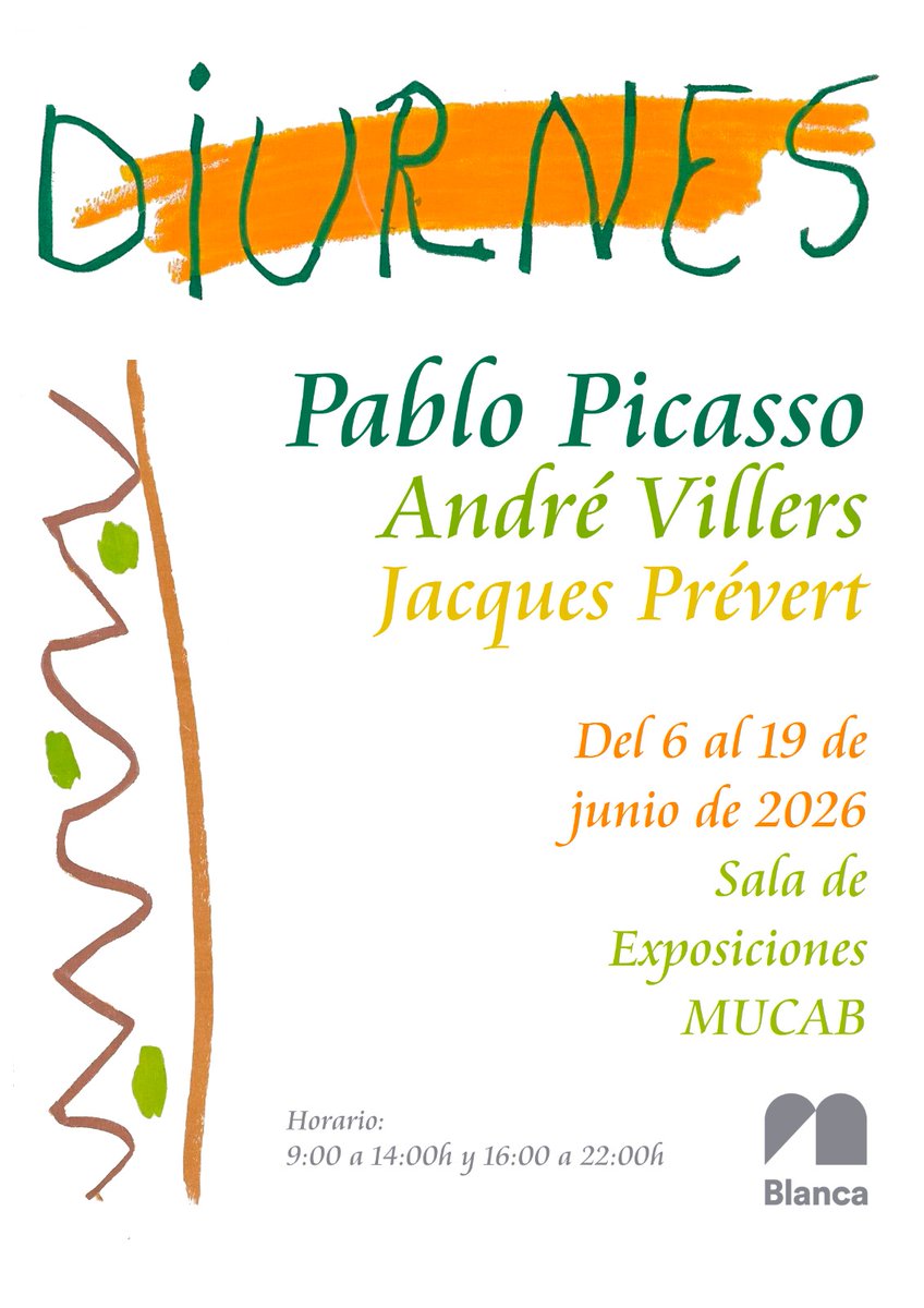 Ayto_Blanca's tweet photo. 📸Inauguración de la exposición 'Diurnes', una singular propuesta de Pablo Picasso y de su relación con la fotografía, que reúne 30 imágenes realizadas en colaboración con el fotógrafo André Villiers con textos del poeta Jacques Prévert.
📆Mañana, a las 19 h. 

📍Mucab https://t.co/7pjt5nKhCj