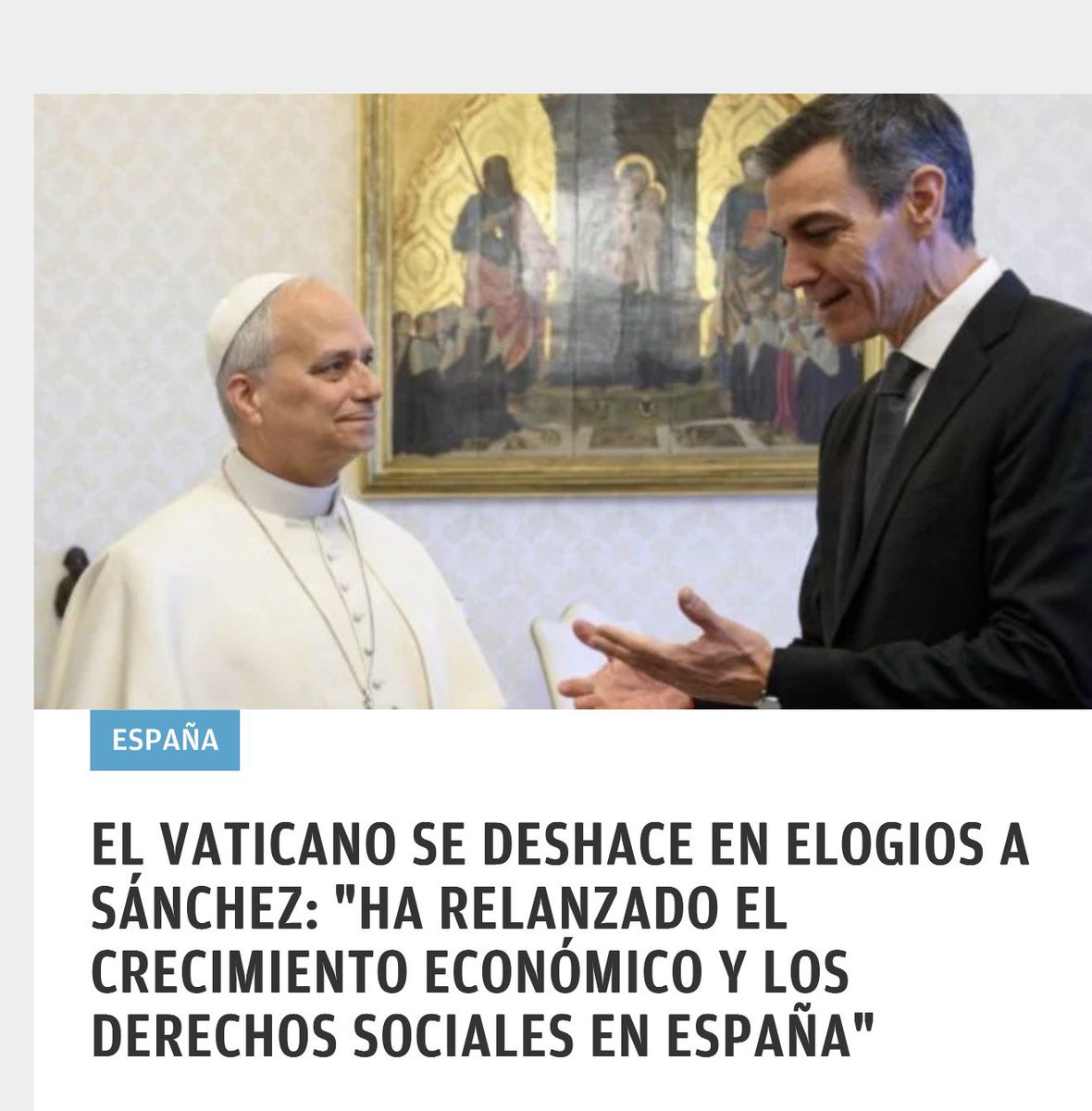 dptr22's tweet photo. 🧎‍♂️ SANTO PADRE 🧎‍♀️  
Desconozco qué le habrá trasladado el señor #Cobos, en representación de la @Confepiscopal sobre @sanchezcastejon 

Muchos católicos consideramos que el señor #Sánchez y su #Gobierno quebrantan de forma reiterada principios fundamentales y promueven políticas contrarias a la doctrina cristiana.

Por ello, le pediría tanto a usted como al #Vaticano la máxima prudencia en sus declaraciones, evitando no solo mensajes que puedan ser instrumentalizados políticamente, sino también aquellos que, directa o indirectamente, refuercen o legitimen la acción del señor #Sánchez, proyectando una imagen de bien que no se corresponde con la realidad.

Asimismo, le ruego un mayor reconocimiento y cercanía hacia los católicos españoles que, cada día, defendemos nuestra #FeCristiana frente a las decisiones de este #Gobierno.

Que Dios les ilumine en sus decisiones.