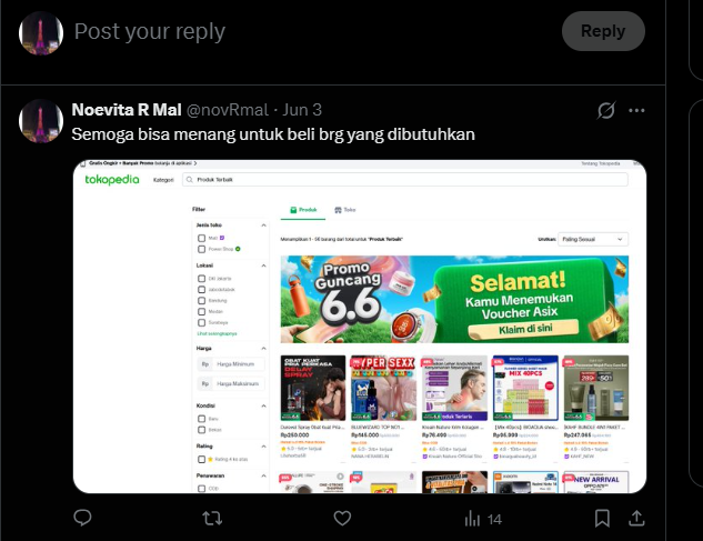 novRmal's tweet photo. @tokopedia Udh ikutan min,semoga beruntung https://t.co/g1pc8sGMm5