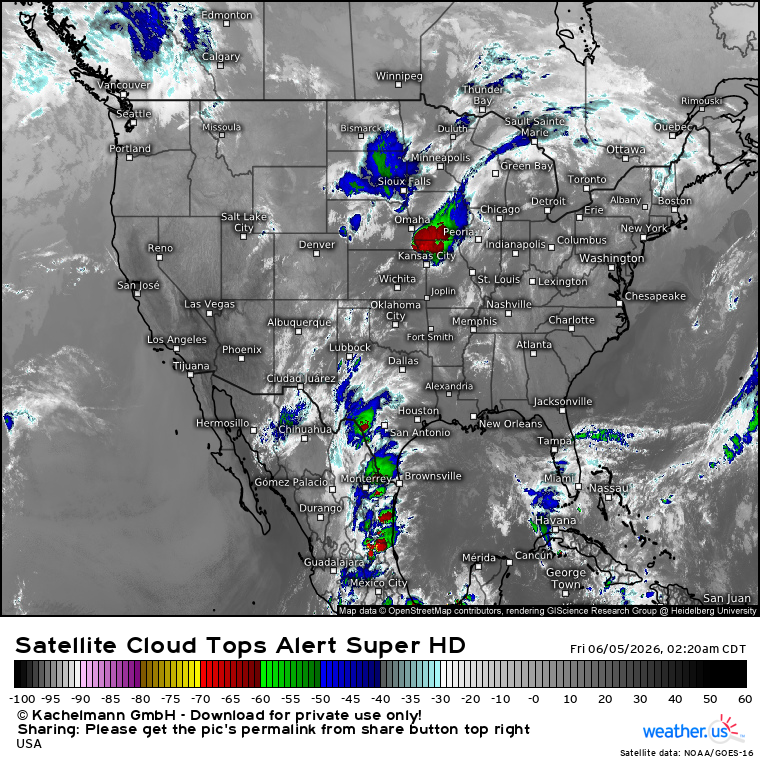 WeatherdotUS's tweet photo. Here's a look at the infrared satellite imagery from GOES-19 this nighttime, showing also the complex causing flood alerts in parts of the Midwest.

https://t.co/lleFWcKqYe

TT https://t.co/E9lUnThloZ