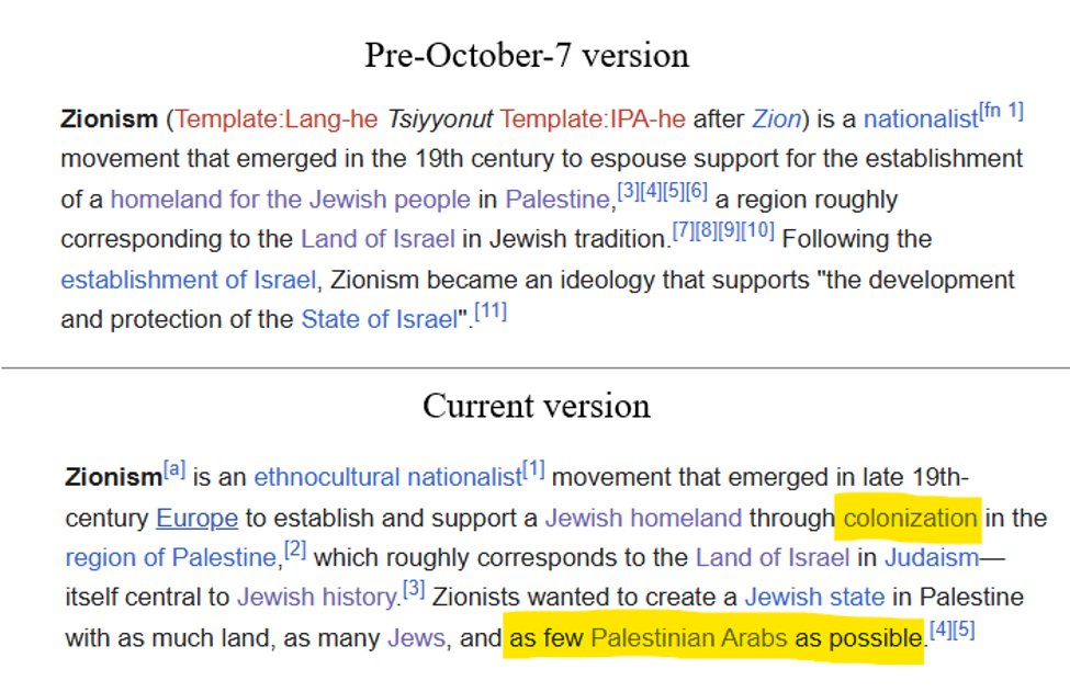 MarkZlochin's tweet photo. ⁸ The opening paragraph is the culmination of this shift  - although some individual words and fragments survived, the original opening paragraph as a coherent piece of text was effectively replaced by a substantially different one.
The original version opened with a single broad and neutral definitional sentence: Zionism as a nationalist movement grounded in the Jewish historical connection and attachment to the land.
The replacement now opens with "through colonization" in the very first sentence, then immediately follows with a sentence that essentially paints ethnic cleansing of Arabs as one of the movement's inherent primary goals.⏬