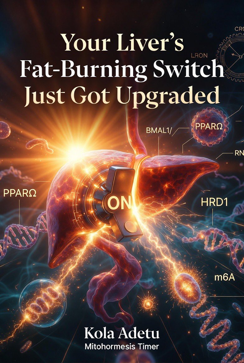 MitohormesisAct's tweet photo. 🚨 Your Liver’s Fat-Burning Switch Just Got Upgraded 🔆👑

No consistent morning sunrise = your liver struggles to burn fat. 

Here’s what the latest science actually says:

2021 Discovery
Your liver has a built-in “day/night timer” for burning fat.

A protein called HRD1 acts like a smart brake:

•  During the day (when you eat) → HRD1 is high → turns fat burning OFF

•  At night (when you fast) → HRD1 drops → turns fat burning ON

This keeps everything perfectly timed.
2026 New Discovery

Scientists found HRD1 does even more. It also controls special “molecular post-it notes” (called m6A) on your fat-burning instructions.

This fine-tunes how well and how long your liver can burn stored fat.

Together, these two papers show your liver doesn’t burn fat randomly — it follows a solar-powered schedule.

The Big Takeaway

Morning sunlight is what sets this entire timer correctly.

No consistent sunrise (or too much artificial light at night) = the timer gets messed up → fat burning becomes weak and poorly timed → weight gain, low energy, fatty liver risk.

Simple Fix:

See the sunrise every morning + eat within daylight hours. 

Free gift 🎁 → no sunglasses. Bare as much as possible. Earth barefeet. Make sure no stray voltage area. Dirty electricity 
Free gift 🎁 → consume breakfast after 40mins of sunrise. High quality fatty protein BASED.

Your body already knows what to do when it gets the right light signal.

Science keeps proving it: Light is the original fat-burning medicine. 🌅

Who’s committing to morning sun this week? Drop a 🔥 below.

Kola Adetu
Mitohormesis Timer
Your Ultimate Quantised Health Coach

Head to my bio for 1 on 1 consultation. You don’t have wander alone in the dark 

#MorningSun #FatBurning #LiverHealth #CircadianHealth #SimpleScience​​​​​​​​​​​​​​​​​​​​​​​​​​​​​​​​​​​​​​​​​​​​​​​​​​
#CircadianHealth #QuantumBiology #HRD1 #PPARα #m6A #MorningSun #FatBurning #LiverHealth #ScienceThread