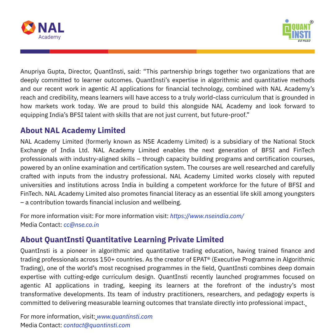 nal_academy_ltd's tweet photo. @nal_academy_ltd  (formerly known as NSE Academy Limited), a subsidiary of the National Stock Exchange of India Ltd., has collaborated with @QuantInsti , to offer joint certificate self-paced courses and bootcamps focused on workforce readiness and workforce development to equip the BFSI sector with skilled talent while upskilling the current workforce at scale.

https://t.co/Wv6F04EtWu

Programs: https://t.co/41E4ksK0hU

https://t.co/fHmJ7w6gMp

#NALAcademy #QuantInsti #BFSI #FinancialEducation #Upskilling #WorkforceDevelopment #WorkforceReadiness #FinTech #QuantitativeFinance #LearningAndDevelopment