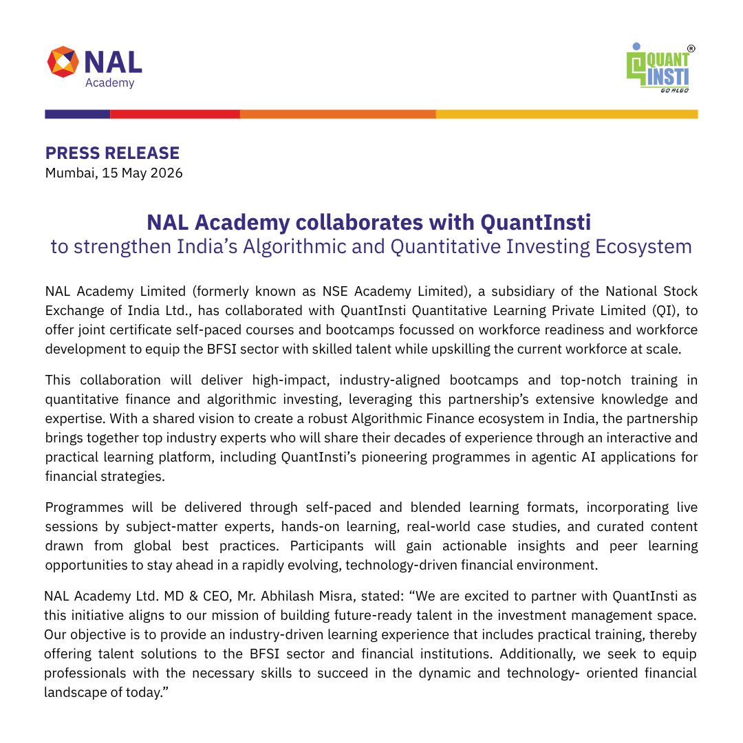 nal_academy_ltd's tweet photo. @nal_academy_ltd  (formerly known as NSE Academy Limited), a subsidiary of the National Stock Exchange of India Ltd., has collaborated with @QuantInsti , to offer joint certificate self-paced courses and bootcamps focused on workforce readiness and workforce development to equip the BFSI sector with skilled talent while upskilling the current workforce at scale.

https://t.co/Wv6F04EtWu

Programs: https://t.co/41E4ksK0hU

https://t.co/fHmJ7w6gMp

#NALAcademy #QuantInsti #BFSI #FinancialEducation #Upskilling #WorkforceDevelopment #WorkforceReadiness #FinTech #QuantitativeFinance #LearningAndDevelopment