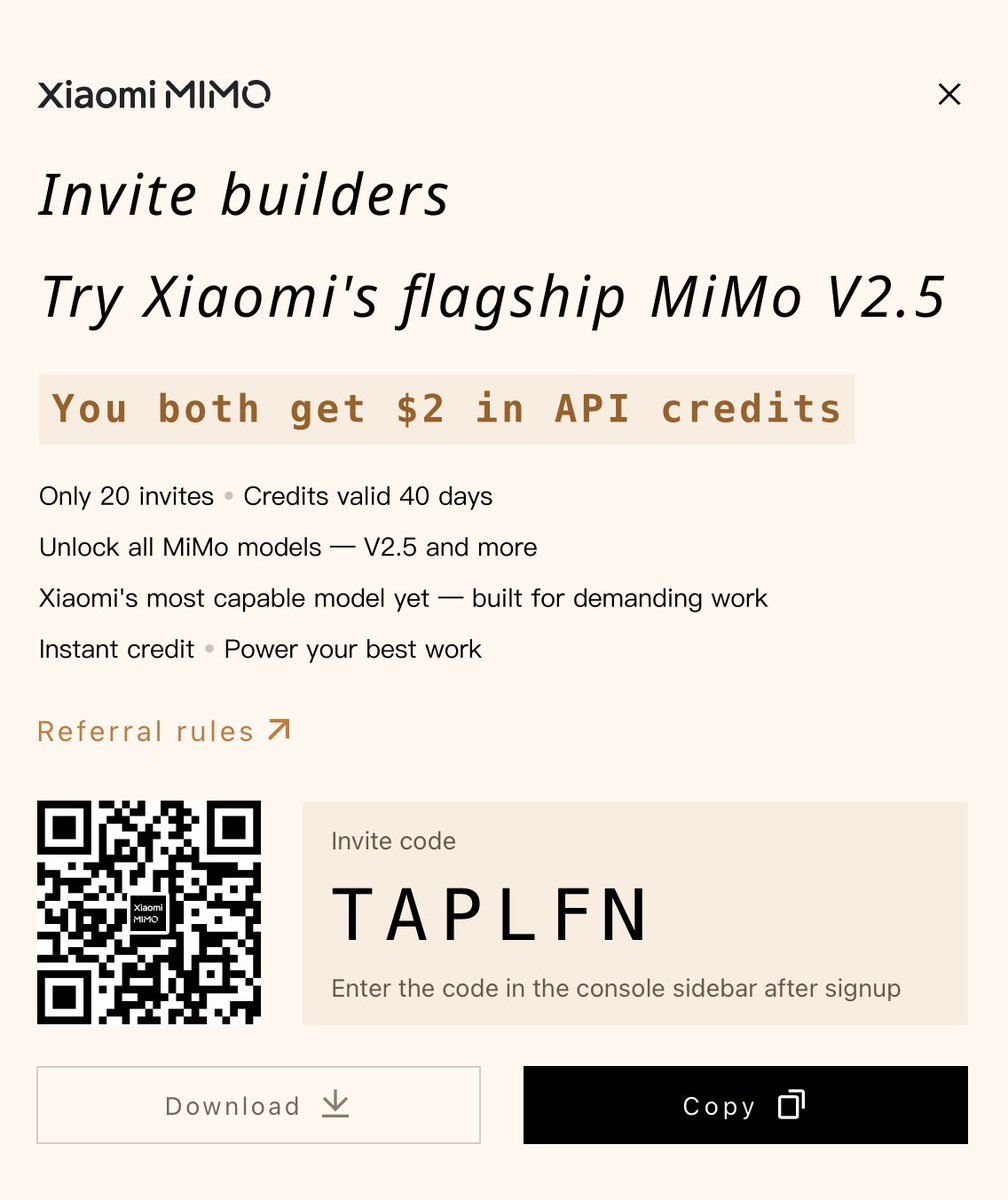 affanzbasalamah's tweet photo. Pada baru install Hermes Agent atau Openclaw dan belum punya model? 

Xiaomi bukan cuma bikin handphone, tapi bikin model AI juga. Sign up aja gratis ke website https://t.co/NPGfbjeI0c , nggak perlu pakai kartu kredit, nanti masukkan kode ini:

TAPLFN

Lumayan $2 sudah 36 ribu hehehe.