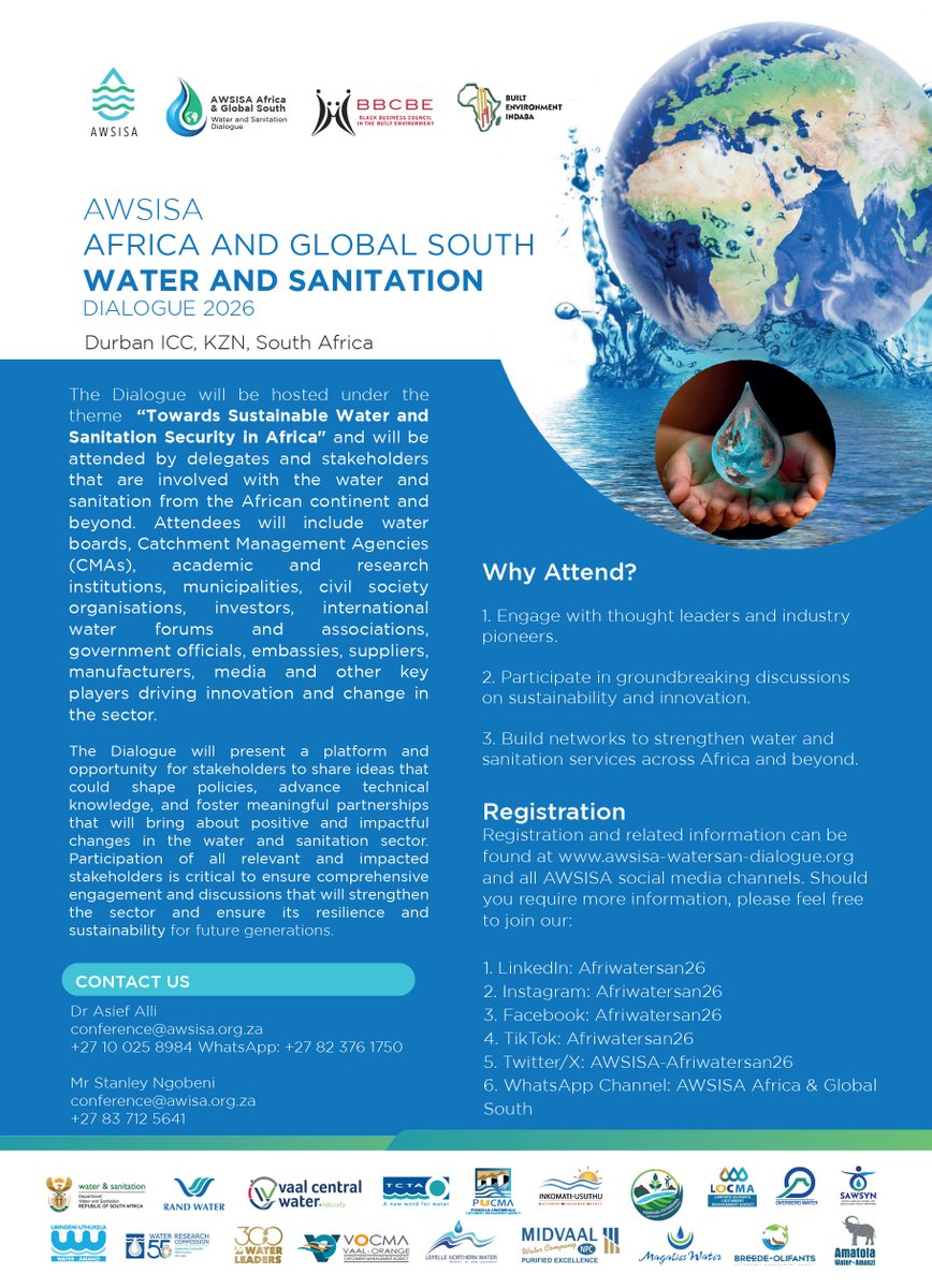 BBCBE_SA's tweet photo. 🌍💧 AWSISA Africa &amp; Global South Dialogue 2026 

📍 Durban ICC | Theme: Towards Sustainable Water &amp; Sanitation Security in Africa

Engage. Innovate. Network.
 Register 👉 https://t.co/lQgi7u77lB   

#Afriwatersan26 #AWSISA #BBCBE #WaterLeadership #Sustainability https://t.co/5LpeJtf5Cf