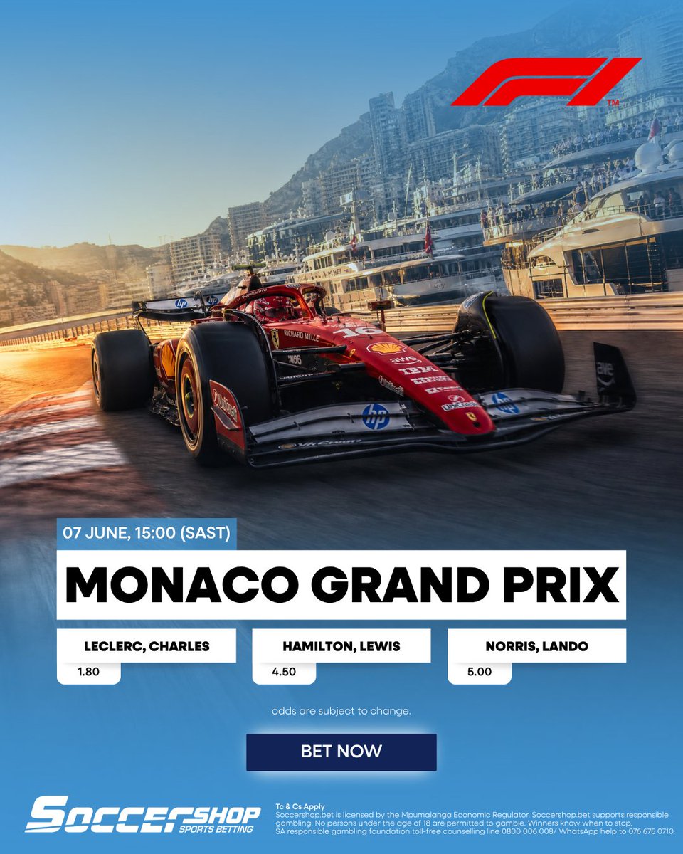 SoccerShopSA's tweet photo. Formula 1 arrives in Monaco this weekend 🇲🇨

The world's most prestigious street circuit takes centre stage as the drivers tackle the iconic streets of Monte Carlo in one of the biggest races on the calendar. 🔥

With tight corners, high stakes and no room for error, who will conquer the Monaco Grand Prix and stand atop the podium? 🏁

Place your bets! 💙
https://t.co/NxisM9HSTw

Bet Responsibly | Ts & Cs Apply | 18+ Only