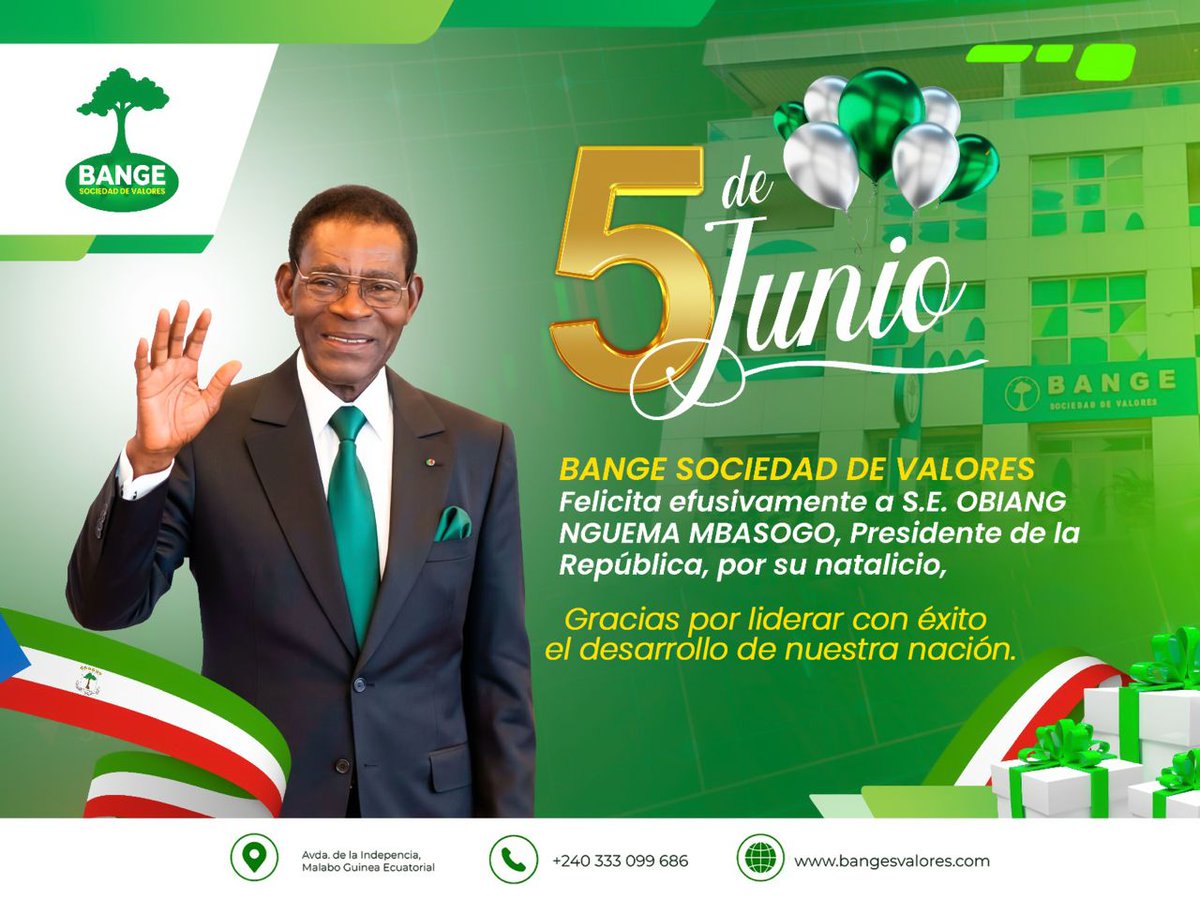 BangeSv's tweet photo. Desde @BangeSv, extendemos nuestra más sincera felicitación al Jefe de Estado y de Gobierno, S.E. OBIANG NGUEMA MBASOGO. Agradecemos profundamente
su visión estratégica y su firme compromiso en liderar con éxito el desarrollo integral de la República de #GuineaEcuatorial. https://t.co/VWg5Tn6bUx
