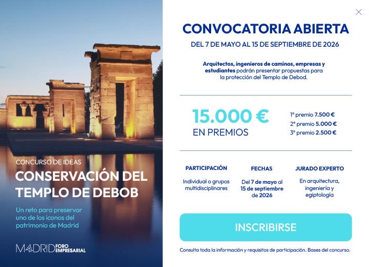 madridforomfe's tweet photo. 🚨 ¡Abierto el plazo!
Madrid Foro Empresarial convoca el concurso de ideas para lograr una protección del #TemploDeDebod.
👷 Arquitectos
🏗️ Ingenieros
🎓 Estudiantes
🏢 Empresas
💰 15.000 € en premios
📅 Hasta el 15 de septiembre de 2026
Consulta las bases y participa 👉 https://t.co/4BeiVNT08s