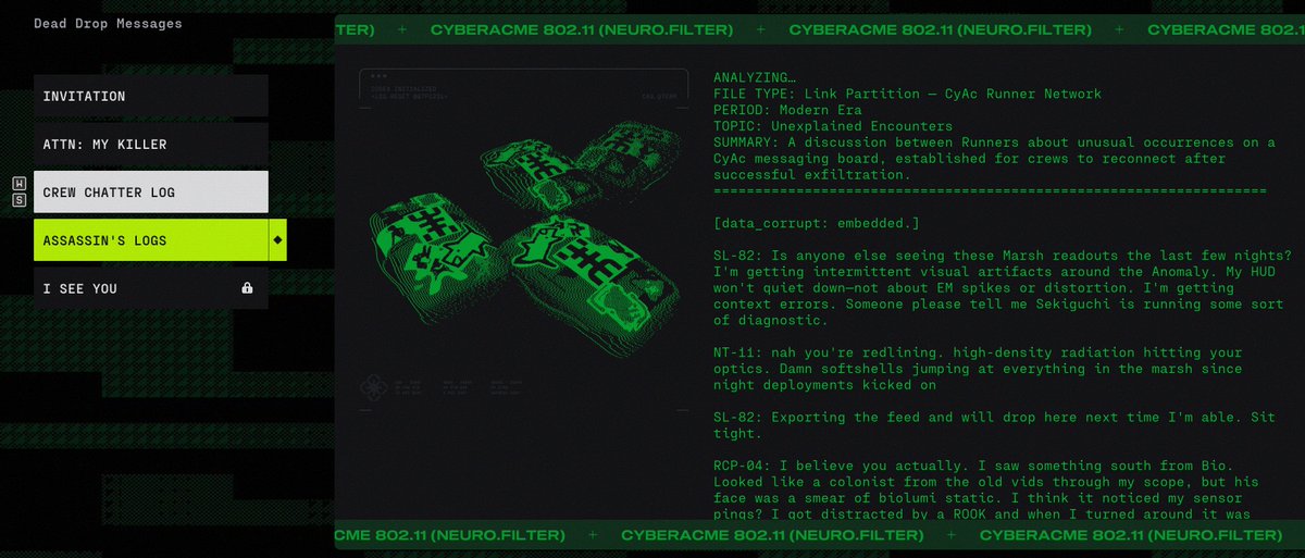 Mythoclast_X's tweet photo. Topic: Unexplained Encounters

A discussion between Runners about unusual occurrences on a CyAc messaging board, established for crews to reconnect after successful exfiltration.

Drop Dead Messages 3/5
Crew Chatter Log
#marathon #marathonlore https://t.co/wHlGs7uE2R