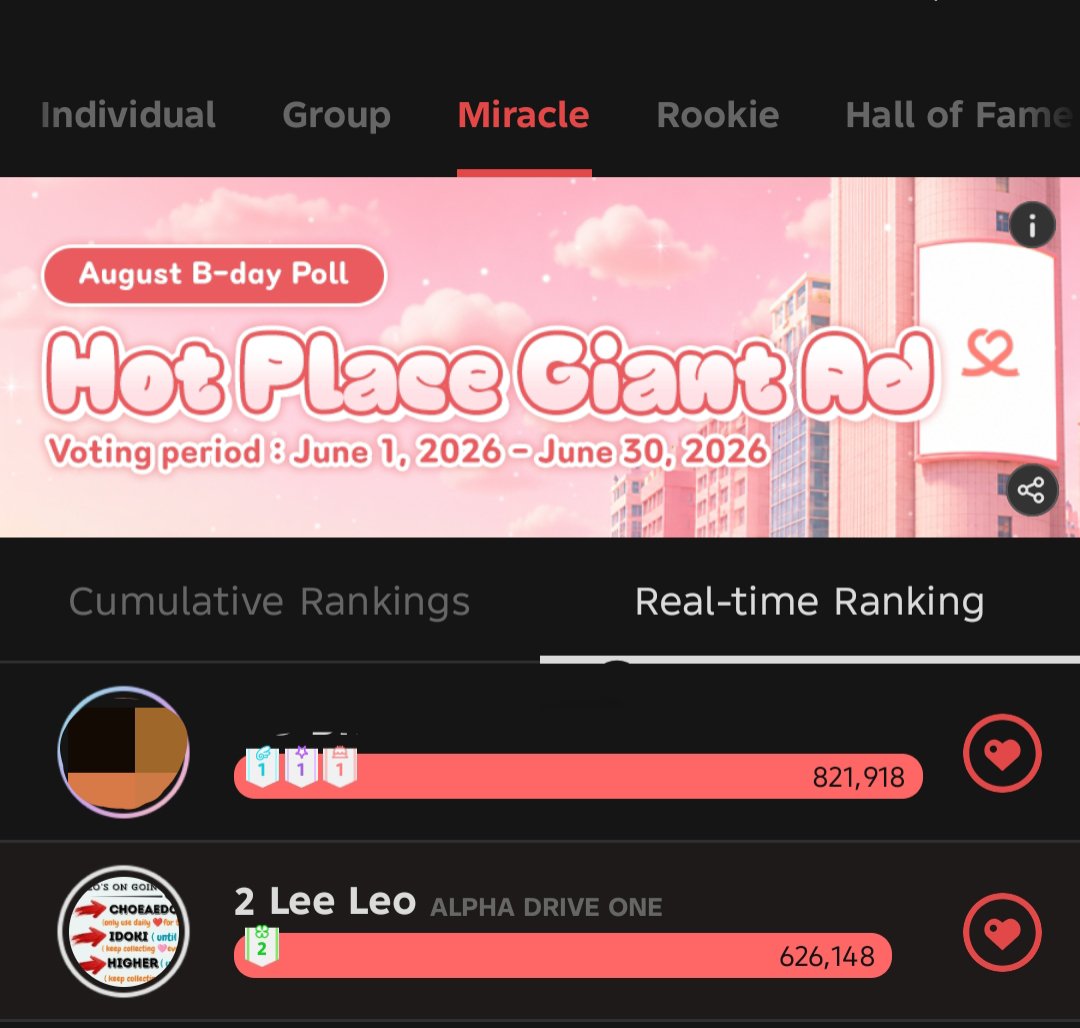 LEOINA_VT's tweet photo. ☘️ CHOEAEDOL – August b-day poll

🗓 1 - 30 Jun
📍 Real-time #2🚨
🏆 Jamsil Utopia Large Billboard 

Don't forget to drop your daily hearts for leo bday poll!! We drop to 2nd!! Let's keep fighting 🫶

#LEO #리오 #リオ #LEELEO #이리오 #LEOZ  #ALPHADRIVEONE #ALD1 #알파드라이브원 https://t.co/hpmkX5oLku