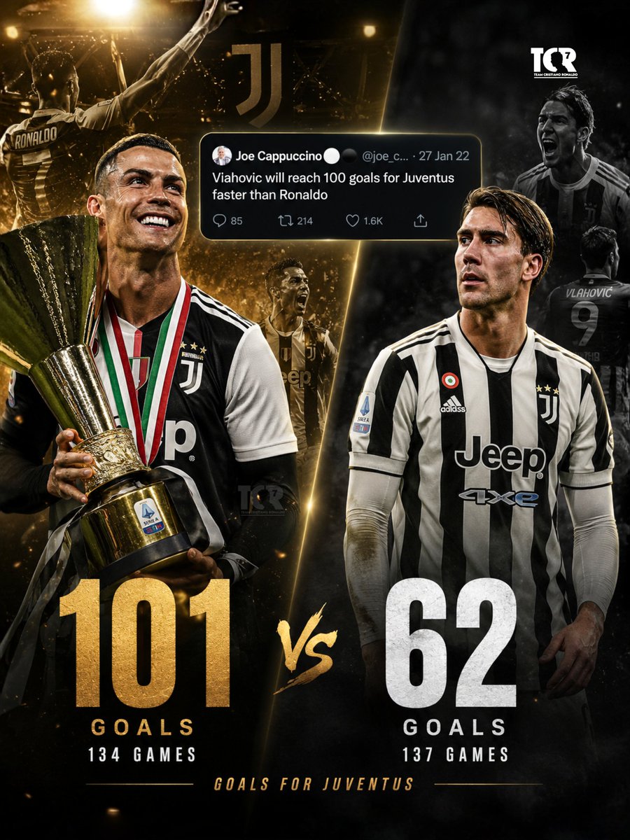 TeamCRonaldo's tweet photo. 🚨 𝗧𝗛𝗘𝗬 𝗥𝗘𝗔𝗟𝗟𝗬 𝗧𝗥𝗜𝗘𝗗 𝗧𝗢 𝗖𝗢𝗠𝗣𝗔𝗥𝗘 𝗛𝗜𝗠 𝗧𝗢 𝗧𝗛𝗘 𝗞𝗜𝗡𝗚 💀

Remember when they said Dušan Vlahović would reach 100 goals for Juventus faster than Cristiano Ronaldo?

​As Vlahović officially prepares to leave Turin this summer:

​🇵🇹 CR7: 101 Goals in 134 Games
🇷🇸 Vlahović: 62 Goals in 137 Games

​He played more matches than Ronaldo and didn't even make it 65% of the way to the King's tally before packing his bags.

​You can copy the shirt, but you can never replicate the machine.

Cristiano Ronaldo's efficiency in Italy remains completely untouchable. 🇮🇹🐐
