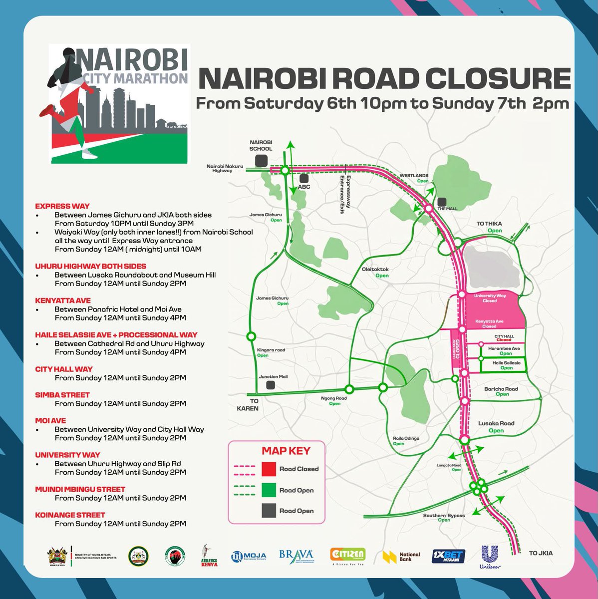 athletics_kenya's tweet photo. Nairobi City Marathon - Roads Closure notice ‼️ https://t.co/jxCjBOAL3v