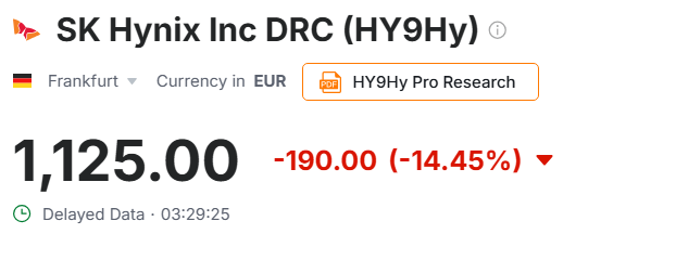 EhrmantrautCap_'s tweet photo. SK hynix plunged ~10% on the South Korean Exchange overnight. It is now down over 14% on the German Exchange (GDR ticker). I don't even care one bit, long SK hynix as always. https://t.co/gZY8Ky9eeE