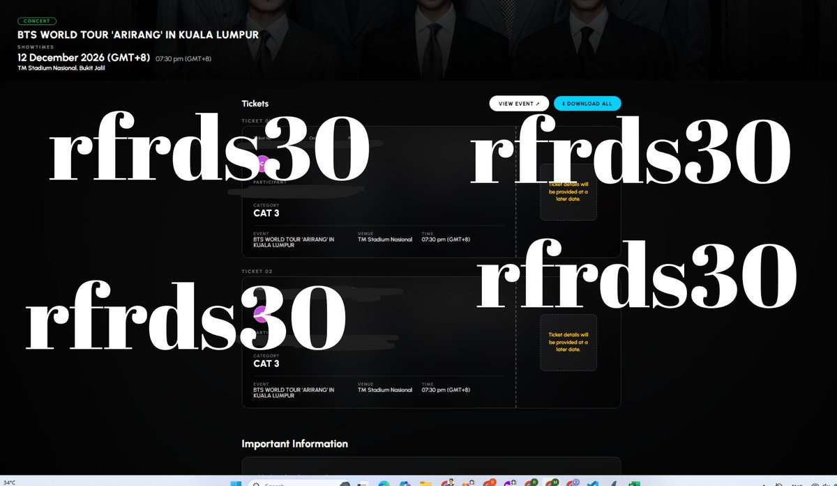 rfrds30's tweet photo. Today secured BTS Arirang Kuala Lumpur again Day 1 2 tix CAT 3 

Not for salee https://t.co/HKDkGyTjka