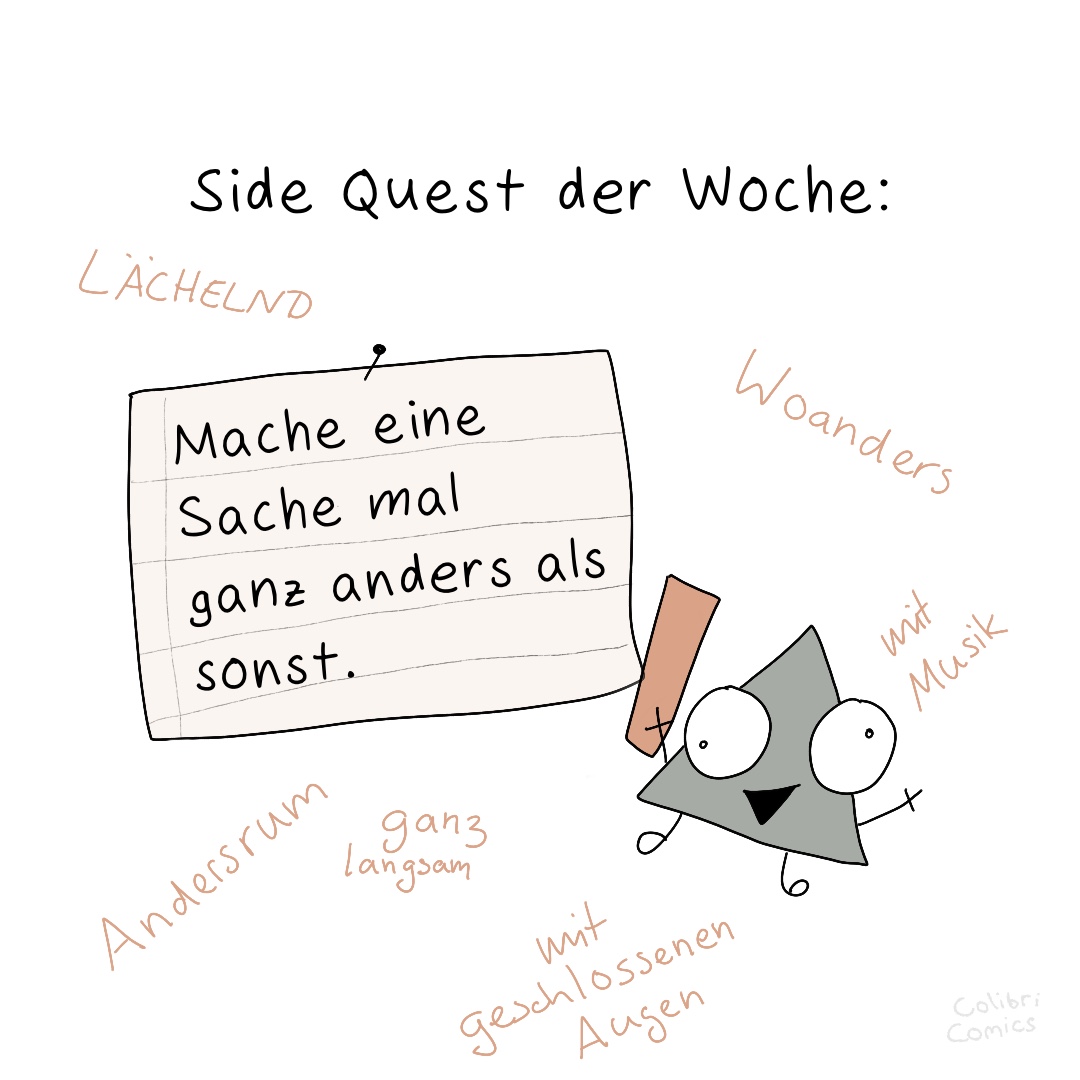 ColibriComics's tweet photo. Die #SideQuestDerWoche wird vom teuflischen Prisma präsentiert:
"Mache eine Sache mal ganz anders als sonst." 

Erzählt mal, was ihr angestellt habt :D https://t.co/2ZZG5WXQv5