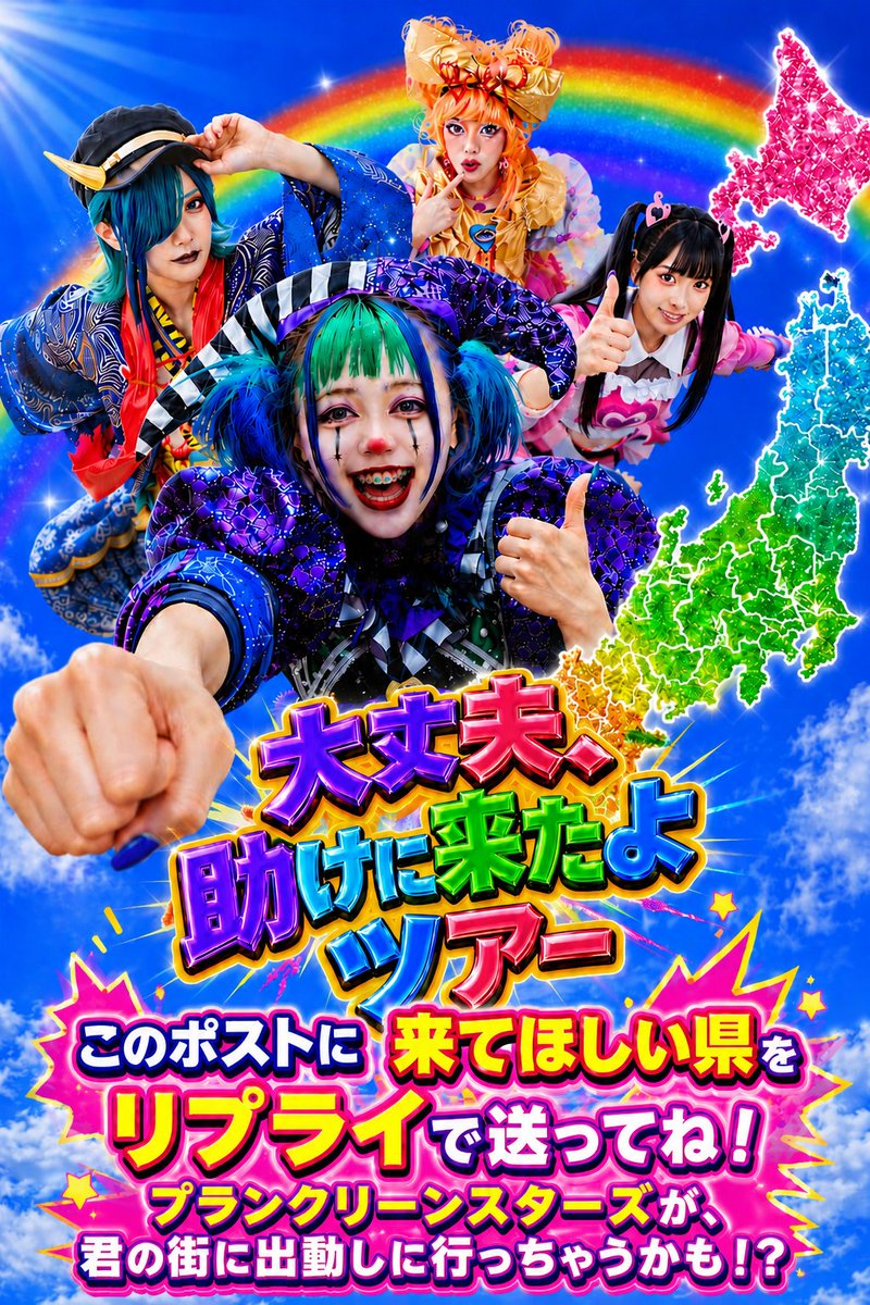 prankcleanstars's tweet photo. 【#プラスタ全国ツアー】

プランクリーンスターズ初の全国ツアー
「大丈夫、助けに来たよツアー」開催✈️

開催地を決めるのはそこのあなた‼️

/／
このポストにリプライにて
プラスタに助けに来て欲しい地方をリプライおねがいします‼️
\＼

そちらを参考にツアー開催地を決定させていただきます🗾 https://t.co/dJpLySqzmU