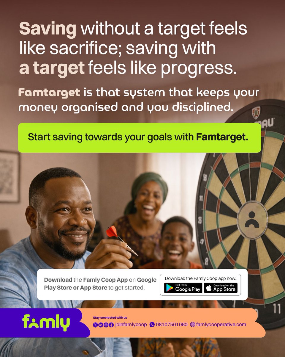 joinfamlycoop's tweet photo. What are you saving for?
A new business?
School fees?
A wedding?

Whatever the goal is, it becomes easier when you have a system behind it.

FamTarget helps you save with purpose and stay committed to the things that matter most.

Don’t do life alone. Join the Famly today. https://t.co/lS51MIOqM8