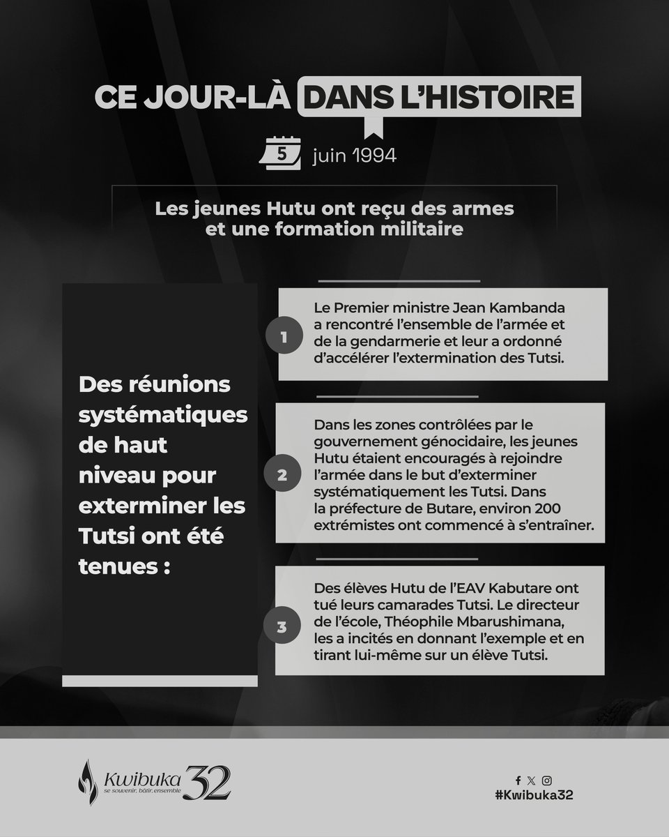 KwibukaRwanda's tweet photo. CE JOUR-LA DANS L'HISTOIRE

Le 5 juin 1994, le Premier ministre Jean Kambanda a tenu des réunions visant à exterminer systématiquement les Tutsi survivants.

Se souvenir, batir, ensemble.

#Kwibuka32 https://t.co/8xMijTVqFm