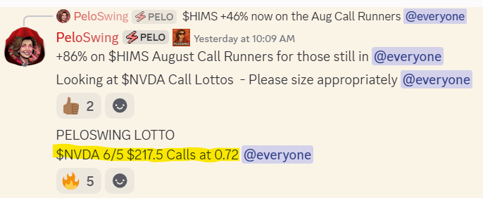 PeloSwing's tweet photo. You know what these $NVDA calls from yesterday hit? 4.67. That's +549% profits same day 💰

And you're okay with missing today's alerts??? 🤔

Join the wave folks 🌊It's lotto Friday and we're COMING: https://t.co/cp5iHek89F