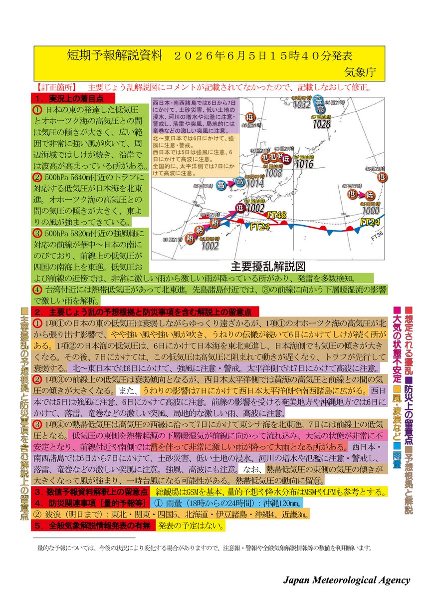 図解 40代からの新指圧 □短期予報解説資料 06月05日15:40気象庁 1項①の日本の東の低気圧は