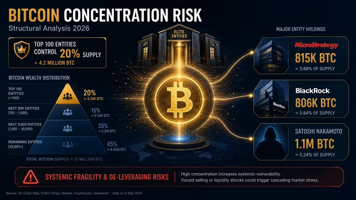 CT_BearNetwork's tweet photo. Current on-chain data reveals a structural phenomenon that cannot be ignored: As of April 2026, fewer than 100 entities collectively control approximately 4.2 million BTC, equivalent to 20% of Bitcoin’s permanent total supply. This level of concentration has never been seen in the 17 years since Bitcoin’s inception.
​
**Major Holder Distribution:**  
Strategy holds 815,000 BTC, accounting for approximately 3.9% of total supply. BlackRock’s IBIT holds 806,000 BTC. The Satoshi address holds approximately 1.1 million BTC, which has remained unmoved since 2010. Meanwhile, U.S. spot Bitcoin ETFs collectively hold about 1.31 million BTC, with a current market value of approximately $100 billion.
​
**Structural Wealth Transfer:**  
2025 on-chain data shows that ultra-large holders (over 10,000 BTC) and medium-sized holders (100–1,000 BTC) collectively accumulated approximately 149,366 BTC, while small and retail holders continued to reduce their positions. This “upward wealth transfer” trend is regarded in traditional finance as a natural accompaniment of market maturation. However, it simultaneously and significantly increases systemic fragility.
​
**Tail Risks from Leverage Concentration:**  
Strategy holds $8.2 billion in convertible bonds. If Bitcoin’s price declines to the point where equity issuance becomes unfeasible, refinancing the debt maturing in 2028 will face severe pressure and could trigger a chain-reaction deleveraging. A single entity’s capital structure has now become highly coupled with overall market price stability. Analyses estimate that without Strategy’s continued buying support, Bitcoin’s price could be $10,000–$20,000 lower.
​
**Systemic Exposure in Custody Infrastructure:**  
Multiple ETFs share the same custodian, creating a concentrated infrastructure dependency. Should this custodian encounter operational risks, regulatory intervention, or a liquidity crisis, the impact would transmit across products to the entire ETF market. This closely mirrors the risk logic of “systemically important financial institutions” in traditional finance, yet it has not been subjected to equivalent macroprudential regulatory oversight.
​
Concentrated ownership does not necessarily lead to market collapse, but it substantially compresses the system’s buffer against exogenous shocks. Bitcoin’s thesis of decentralization is now facing its most severe structural test in history. The core issue has never been “whether risks exist,” but rather that, when risk events occur, there is still no mechanism in place for the socialization of losses.