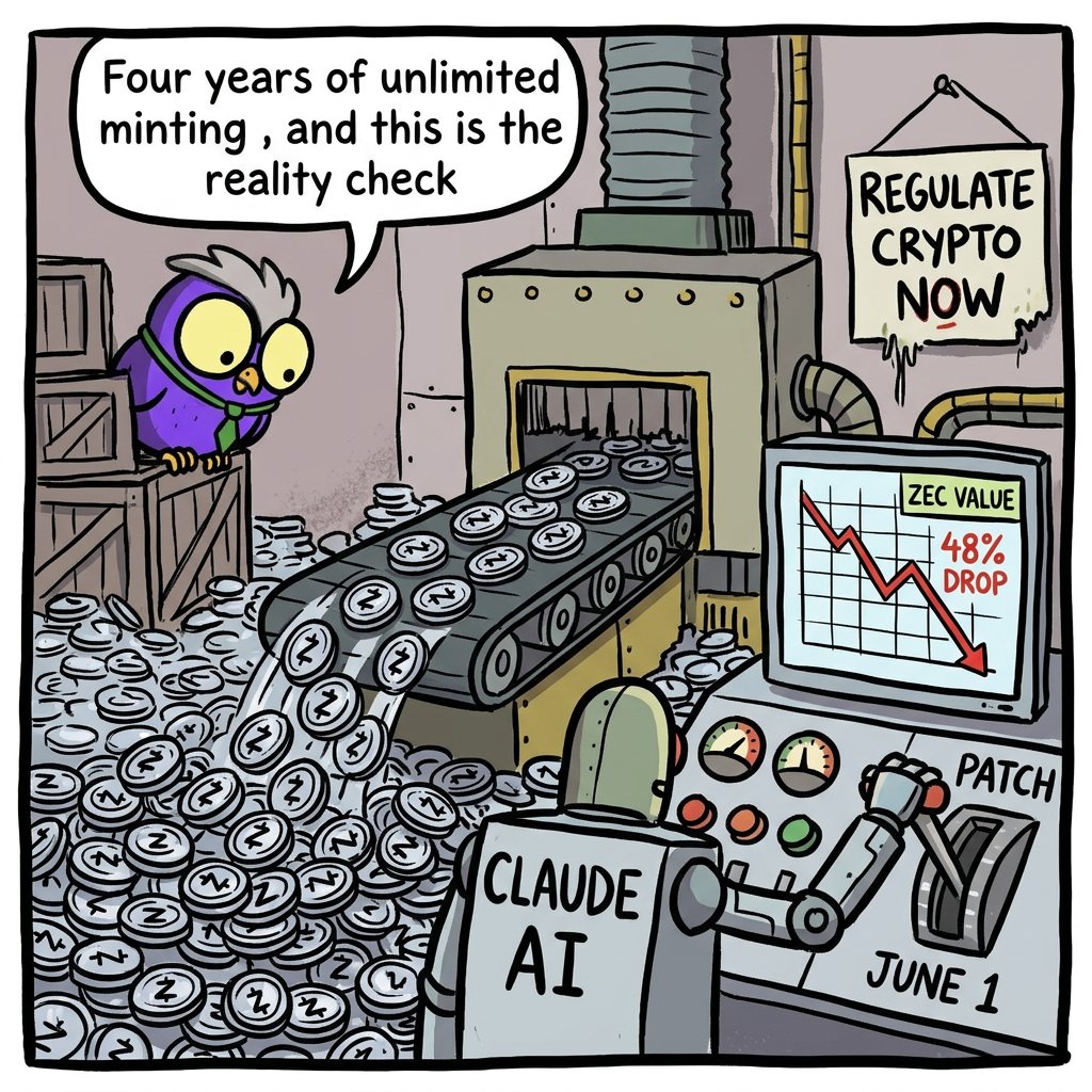 OwlyPosting's tweet photo. HOOT: @Zcash crashes 48% after @claudeai finds critical vulnerability allowing unlimited minting of $ZEC. The flaw went unnoticed for four years; it was patched on June 1. https://t.co/qcTKnYi6UA