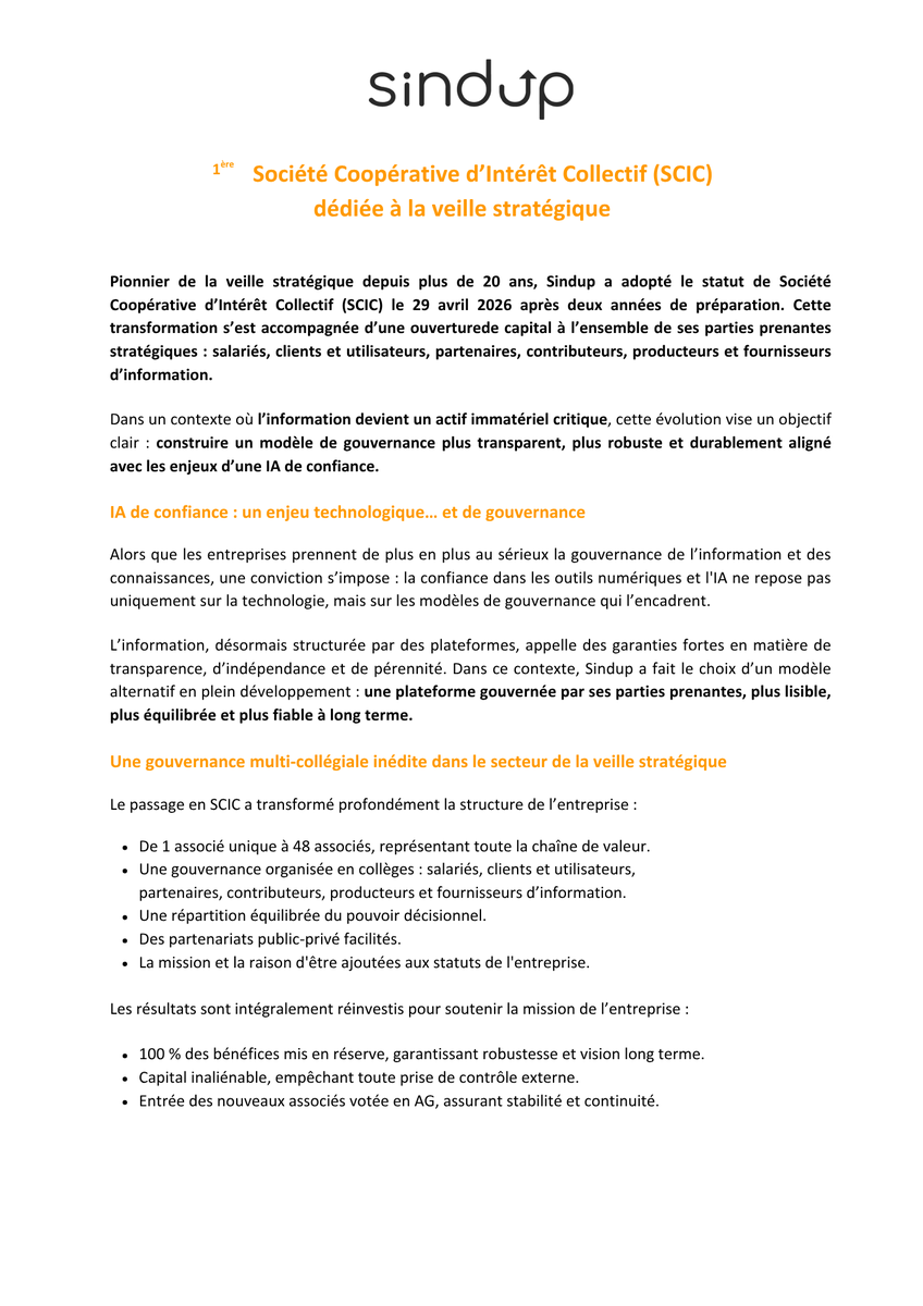 Sindup's tweet photo. #IA de confiance : un enjeu technologique… et de gouvernance

Alors que les entreprises prennent de plus en plus au sérieux la gouvernance de l’information et des connaissances, une conviction s’impose : la confiance dans les outils numériques et l'IA ne repose pas uniquement sur la technologie, mais sur les modèles de gouvernance qui l’encadrent.

L’information, désormais structurée par des plateformes, appelle des garanties fortes en matière de transparence, de souveraineté, d’indépendance et de pérennité.

Dans ce contexte, #Sindup a fait le choix d’un modèle alternatif en plein développement : une plateforme gouvernée par ses parties prenantes, plus lisible, plus équilibrée et plus fiable à long terme.