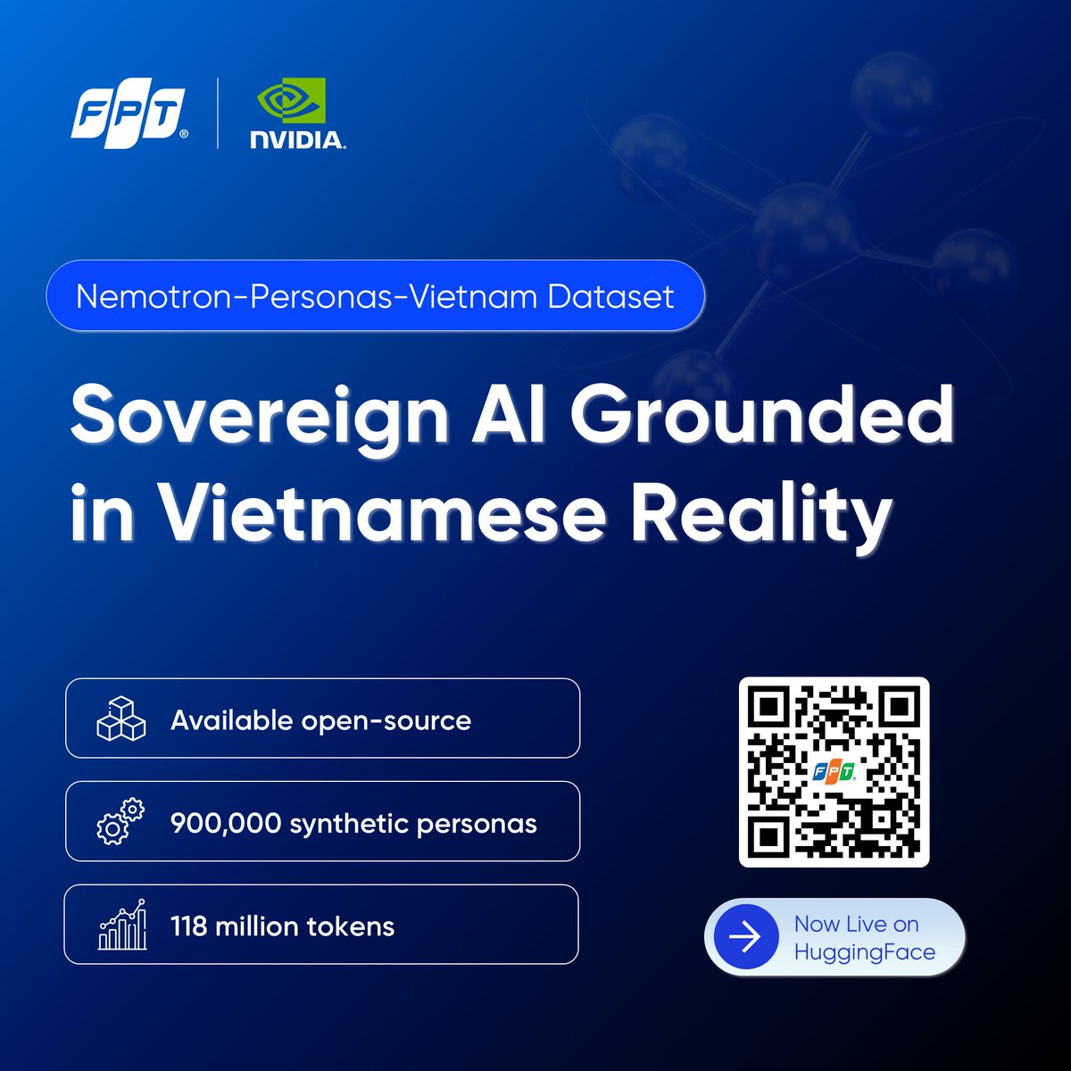 FPTAIFactory's tweet photo. 💥FPT and NVIDIA just released the open-source Nemotron-Personas-Vietnam dataset to accelerate sovereign AI development in production, at scale

Now available on HuggingFace: https://t.co/FsLDd38dFa

#NVIDIA #FPT #NemotronPersonas #SovereignAI #BuildYourOwnAI https://t.co/KKyQfYImzd