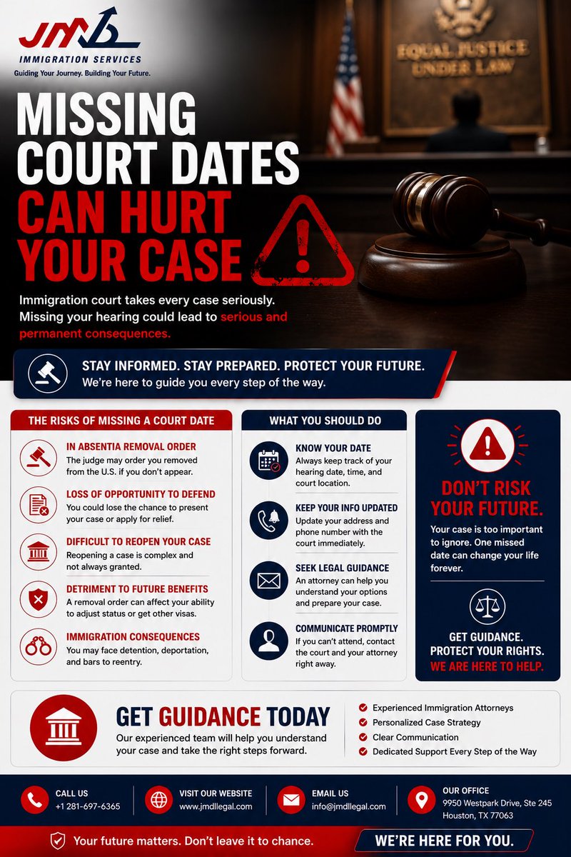 Jmdlimmigration's tweet photo. ⚠️ Missing an immigration court date can hurt your case.
Stay informed. Stay prepared. Protect your future.
📩 Contact JMDL Immigration Services today.

#ImmigrationCourt #EOIR #ImmigrationLaw #JMDLImmigration #KnowYourRights #USImmigration https://t.co/Xh9nkoudYb