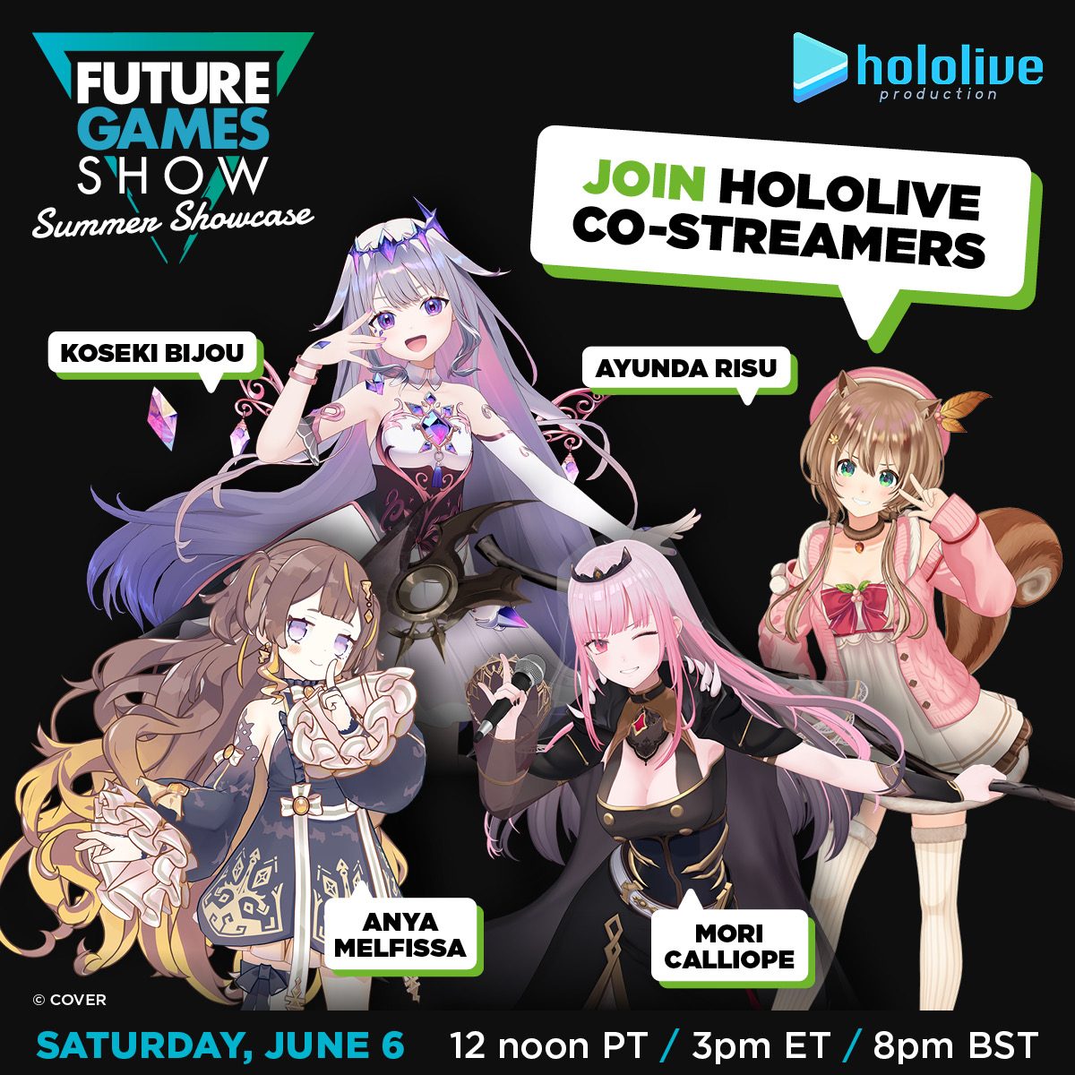 FutureGamesShow's tweet photo. We've teamed up with @hololive_En and @hololive_Id official co-streamers @ayunda_risu, @anyamelfissa, @moricalliope and @kosekibijou for the Future Games Show TOMORROW. 

Tune in with your fave VTubers as they react live to the show on their channels! https://t.co/PE5jOH5IWP