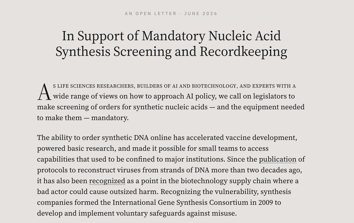 MatthieuBalu's tweet photo. Si vous voulez votre dose de fin du monde quotidienne, tous (mais vraiment tous) les patrons de l'IA viennent de signer un texte suppliant le Congrès américain de surveiller étroitement la production d'ADN de synthèse. Sinon on va tous y passer.

En trois mots : 
- L'ADN de synthèse peut permettre de créer des virus mortels 💀
- Trouver la formule d'une super-giga-peste noire et la synthétiser n'a jamais été aussi simple et cheap grâce à l'IA ☢️
- Il faut contrôler de toute urgence qui fait quoi avec l'ADN ⚠️

Une journée normale dans le monde normal de l'IA.