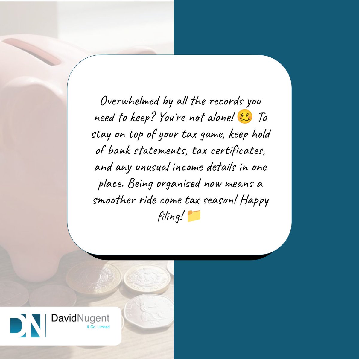 DNAccountants10's tweet photo. Feeling overwhelmed by all the records you need to keep? 🥴 Sure you’re organised? Keep bank statements, tax certificates, and unusual income details in one place for smoother tax filing! Let David Nugent &amp; Co help! #TaxRecordHelp
👉🏻https://t.co/LbS3aHH3o0 https://t.co/C5BtFFrZdq