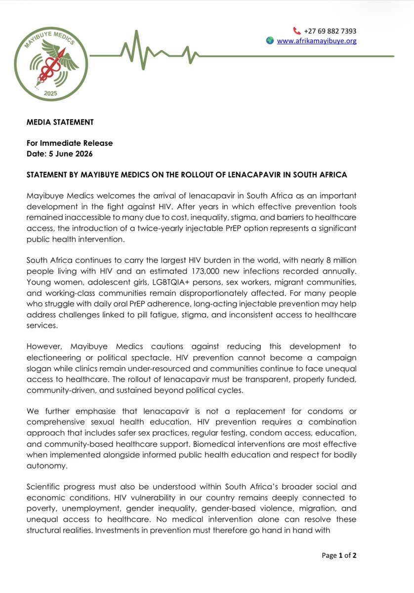 mayibuye_afrika's tweet photo. Mayibuye Medics welcomes the arrival of lenacapavir in South Africa as an important development in the fight against HIV. https://t.co/E8JI1EPC8q
