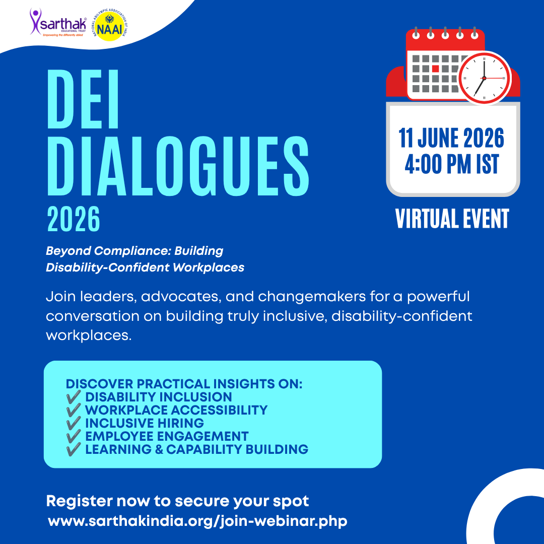 SarthakEducati2's tweet photo. What does a disability-confident workplace look like?
Let's discuss.
Join corporate leaders and DEI practitioners at the inaugural session of #DEIDialogues2026
📅 11 June 2026 | 4 PM IST
Register Now: https://t.co/sfVowWPPme
#InclusiveWorkplace #DisabilityInclusion #Accessibility https://t.co/YepJweGFMP