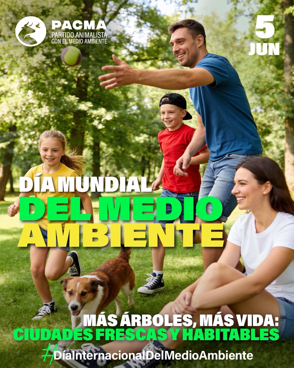 PartidoPACMA's tweet photo. 🌱¡Hoy es el Día Mundial del Medio Ambiente!

🏙En este día queremos reivindicar ciudades más arboladas, con una verdadera red de refugios climáticos y más adaptadas a la situación meteorológica actual. Tener más árboles supone que las ciudades tengan más salud y más vida.

🌍Creemos las ciudades del futuro y dejemos un planeta habitable a nuestros hijos y nietos.

💚Afíliate a PACMA y ayúdanos a seguir luchando por nuestro hogar: https://t.co/aLcYS42Roa

#DíaMundialDelMedioAmbiente #MedioAmbiente #Ecología #ÚneteALaRevoluciónVerde #ÚneteAPACMA