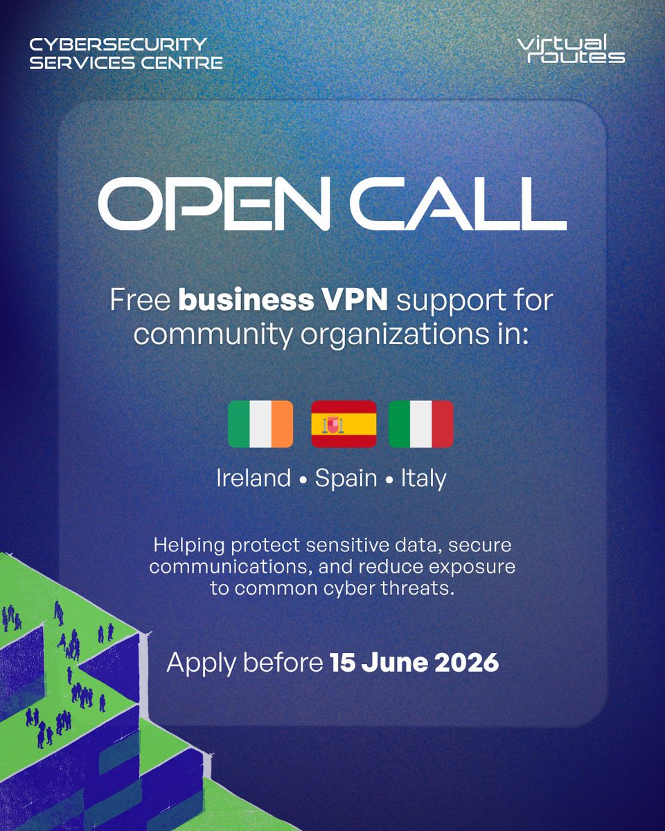 VirtualRoutes's tweet photo. 📢 #OpenCall: Free Business VPN Support for Organizations in #Ireland, #Italy, and #Spain
✅ 1-year support
✅ Hands-on training
✅ Open to #nonprofits, charities, &amp; other community-focused orgs.

Applications close on 𝟭𝟱 𝗝𝘂𝗻𝗲.
Apply: https://t.co/ExnVXgf00n

#CyberforGood https://t.co/SQtBtDmppN