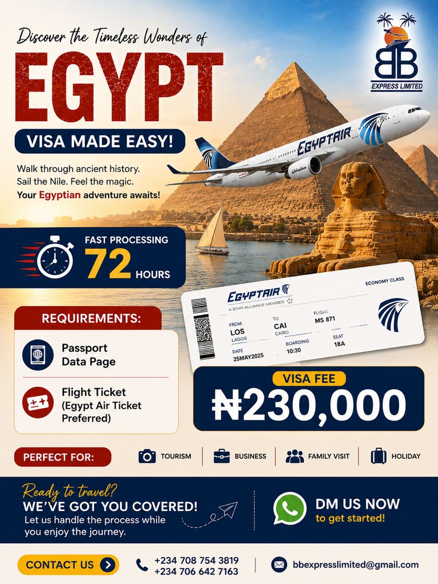 BBExpressltd's tweet photo. #EgyptVisaDiscount

Egypt 🇪🇬 is a must-see for all #travellovers #adventurelovers and #honeymooners

Let's help you get your #Egyptvisa in 72 hours at ₦230,000

Requirements 
📍Passport data page  
📍 Egypt Air flight ticket 🎟 

Send a DM now
🎥: @aureliestory https://t.co/N5ealpddPd